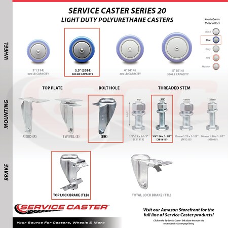 Service Caster 3.5 Inch SS Blue Polyurethane Swivel 3/8 Inch Threaded Stem Caster with Brake SCC-SSTS20S3514-PPUB-BLUE-TLB-381615